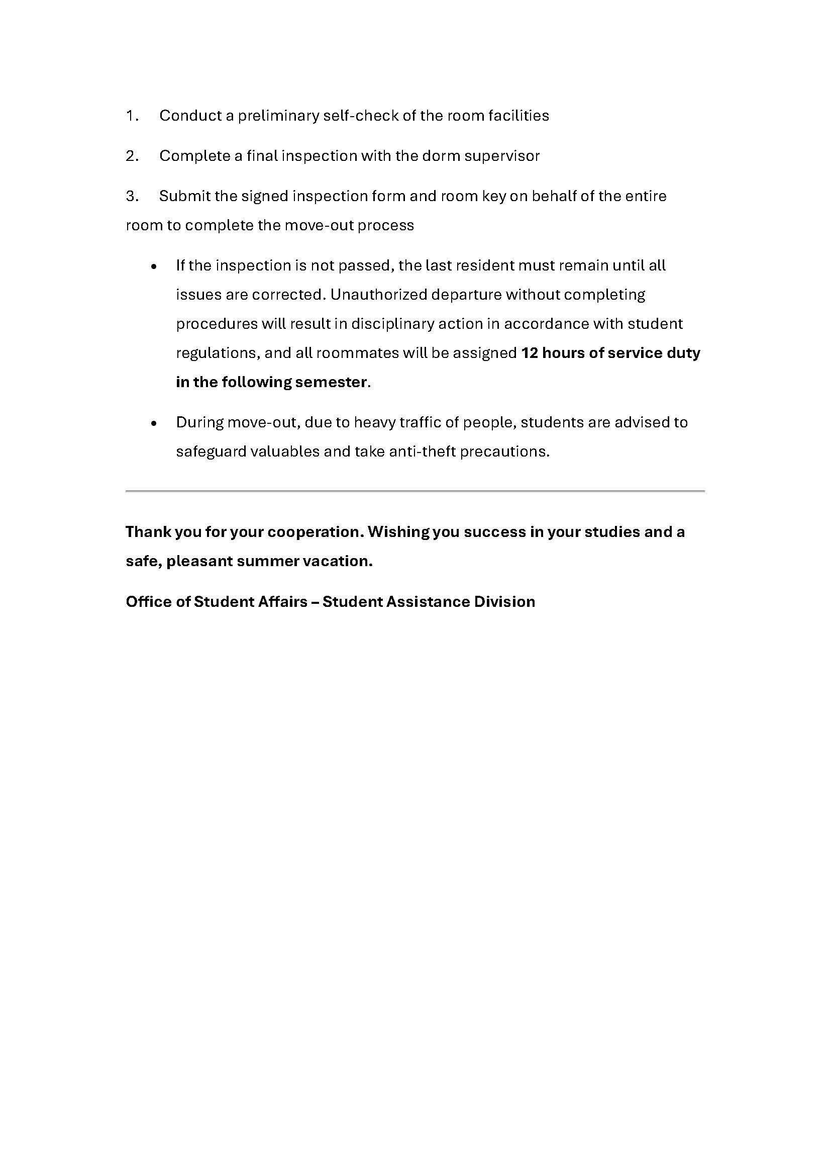 Announcement of Move-out and Move-in Arrangements for Female Dormitory Residents (Academic Years 114–115)
