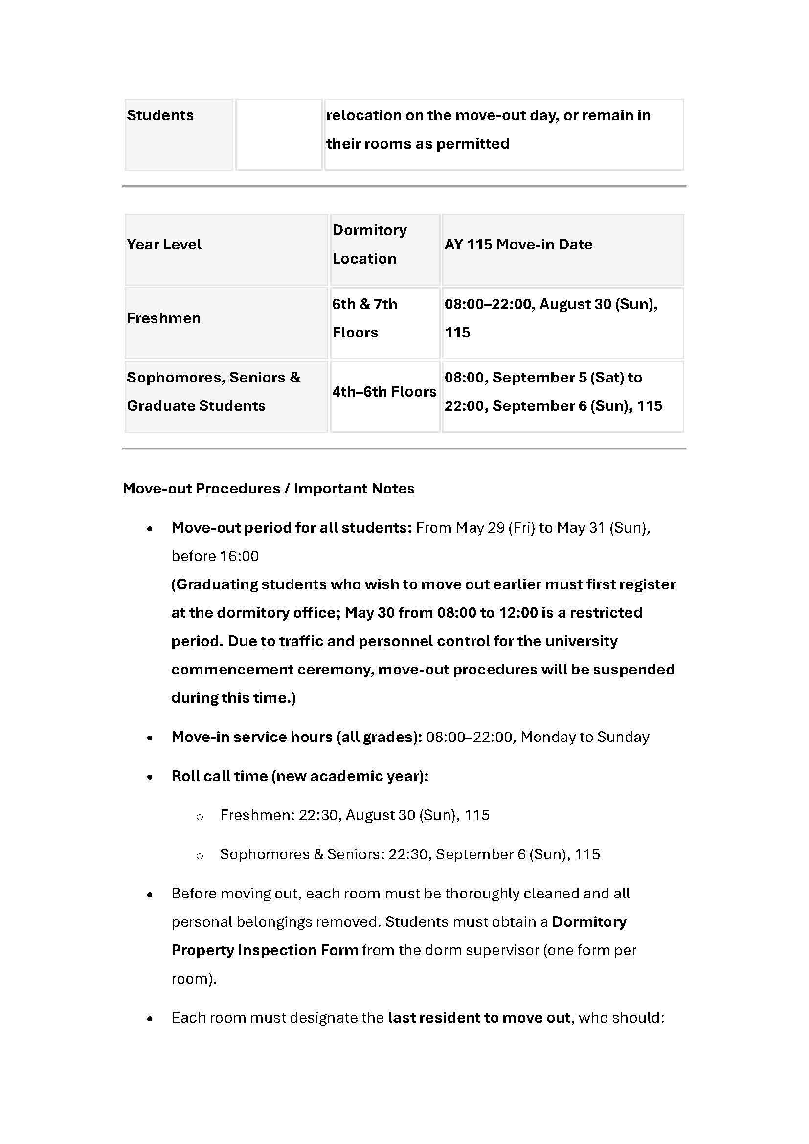 Announcement of Move-out and Move-in Arrangements for Female Dormitory Residents (Academic Years 114–115)