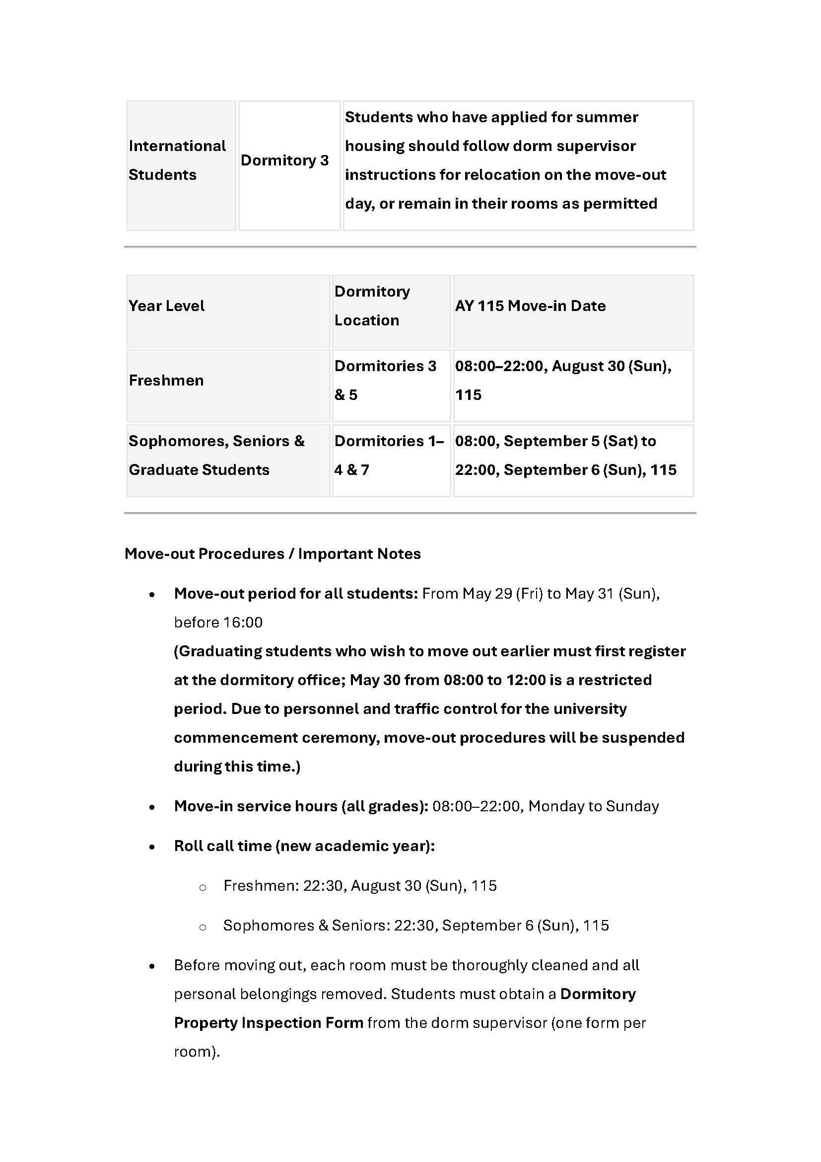 Announcement of Move-out and Move-in Arrangements for Male Dormitory Residents (Academic Years 114–115)