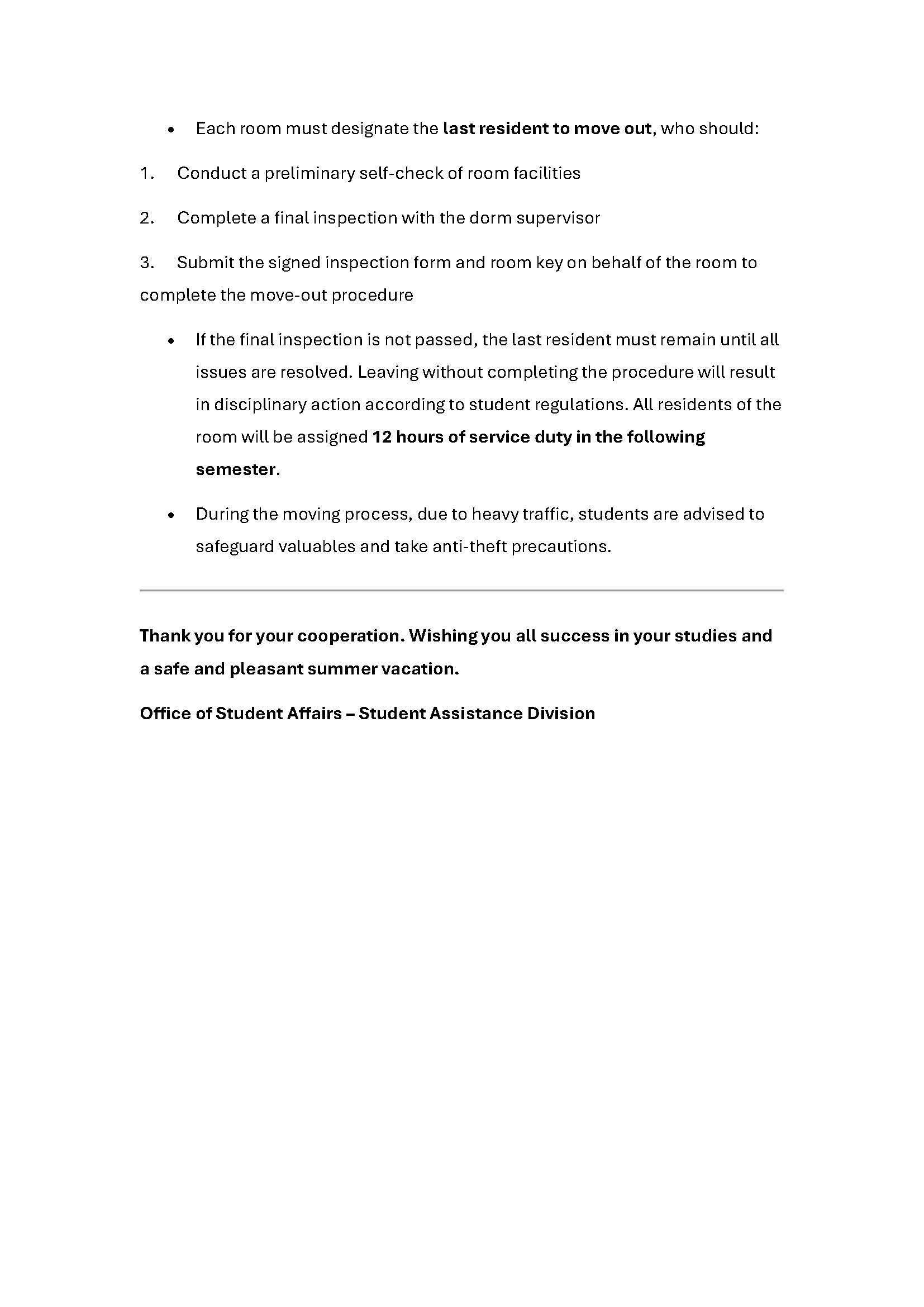 Announcement of Move-out and Move-in Arrangements for Male Dormitory Residents (Academic Years 114–115)