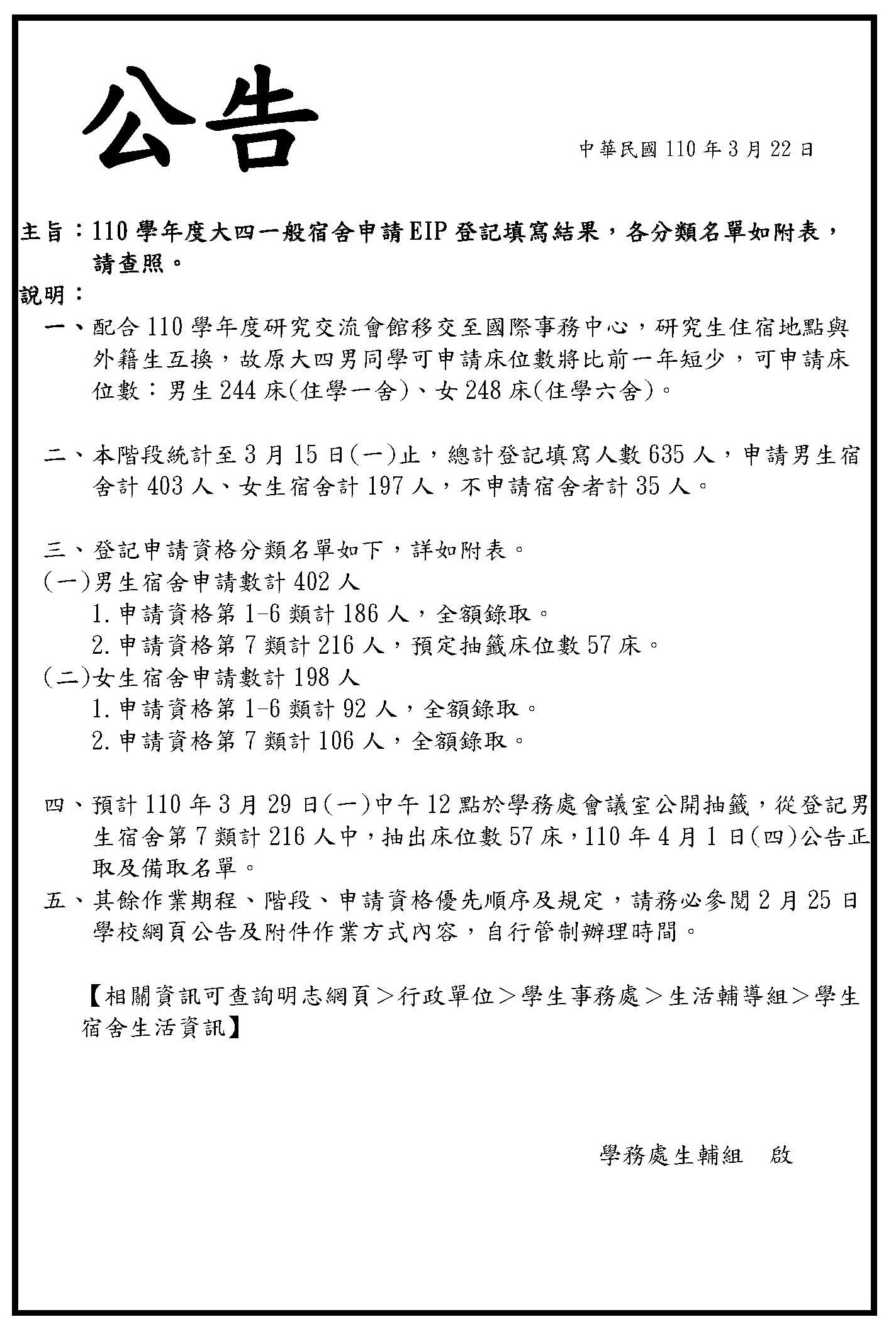 110學年度年大四一般宿舍申請eip登記填寫結果