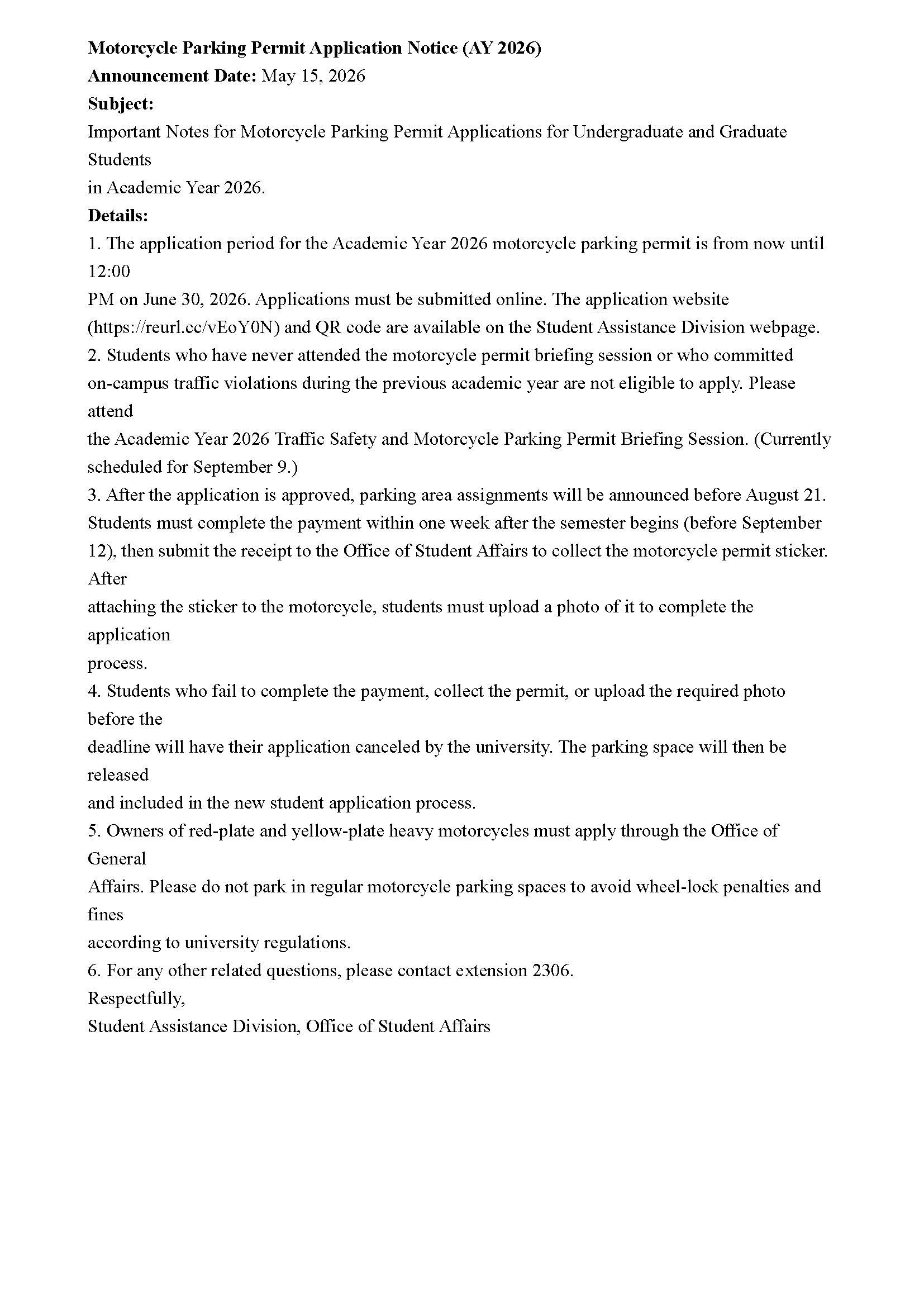 Important Notes for Motorcycle Parking Permit Applications for Undergraduate and Graduate Students